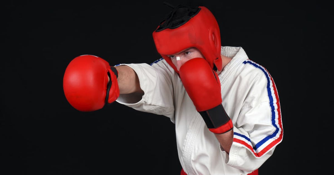 Some dude in padded martial arts gear throwing a punch while shadow boxing. This has to do with e-commerce in the most primal sense.