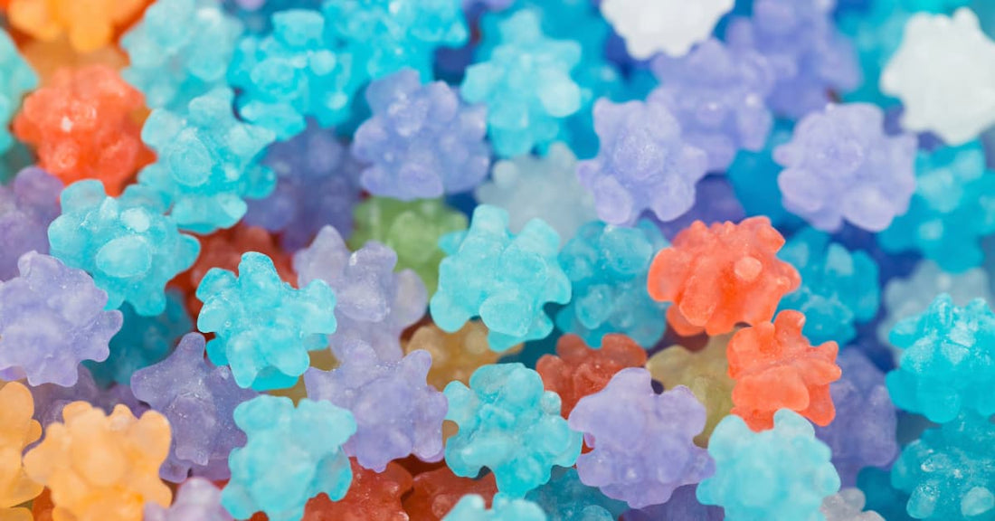 Colorful (mostly blue and purple) Konpeito candy! These star-shaped Japanese candies are pretty much just 100% sugar. That doesn't stop them from being good tho.